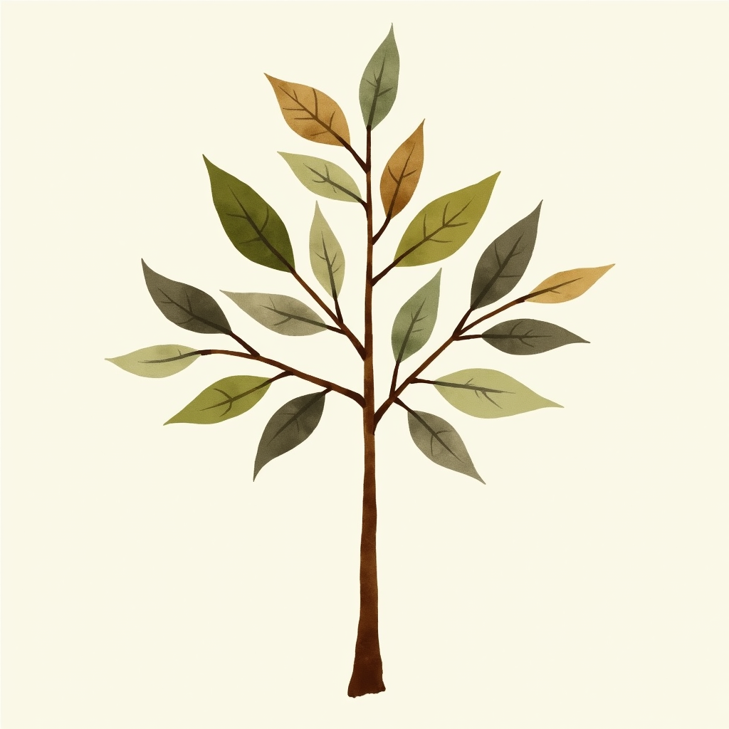Watercolor illustration of an abstract tree shape with leaves on cream paper, top-down still life, no text, soft earth tones