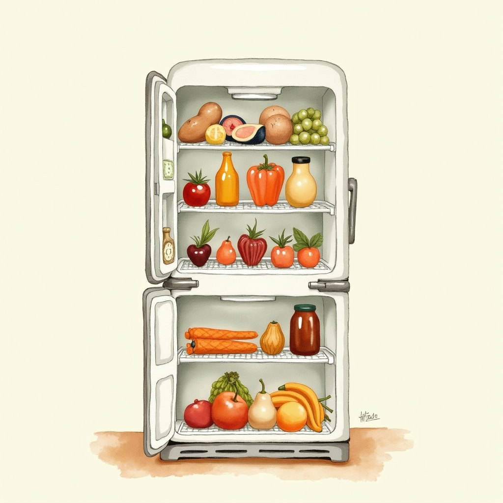 Watercolor illustration of an abstract refrigerator with food items on cream paper, top-down still life, no text, soft earth tones