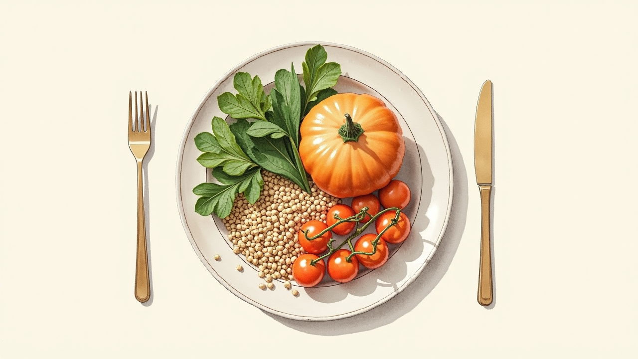 Watercolor illustration of an abstract plate with vegetables on cream paper, top-down still life, no text, soft earth tones