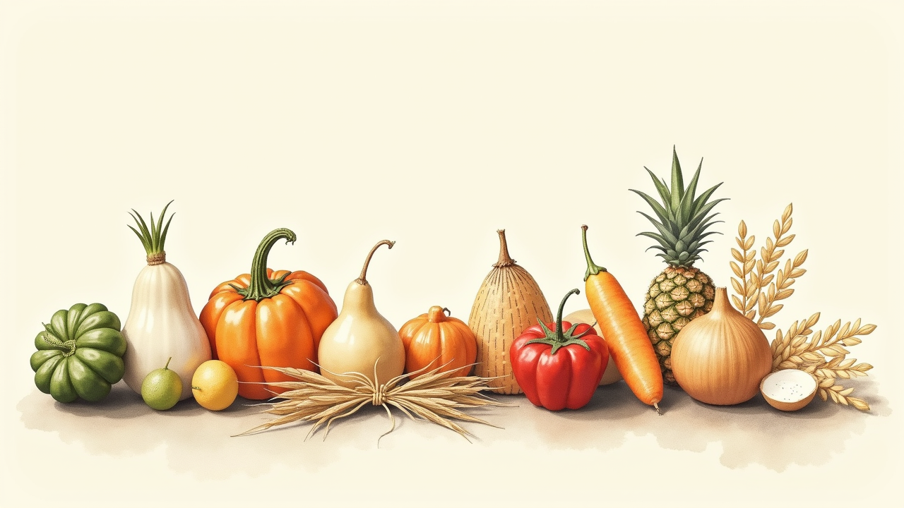Watercolor illustration of abstract vegetables and grains arranged on cream paper, top-down still life, no text, soft earth tones